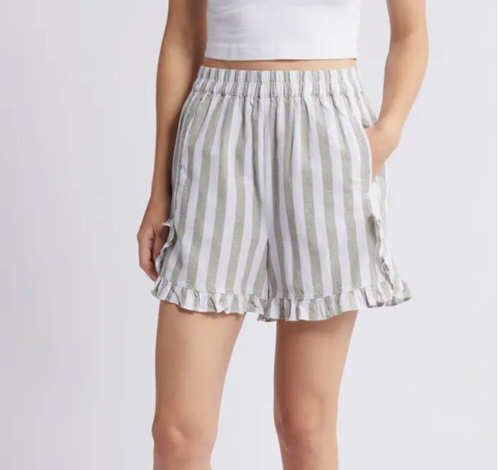 BEACHLUNCHLOUNGE Shorts Size Small Leia Linen Cotton Blend Stripe Ruffle Pull On
